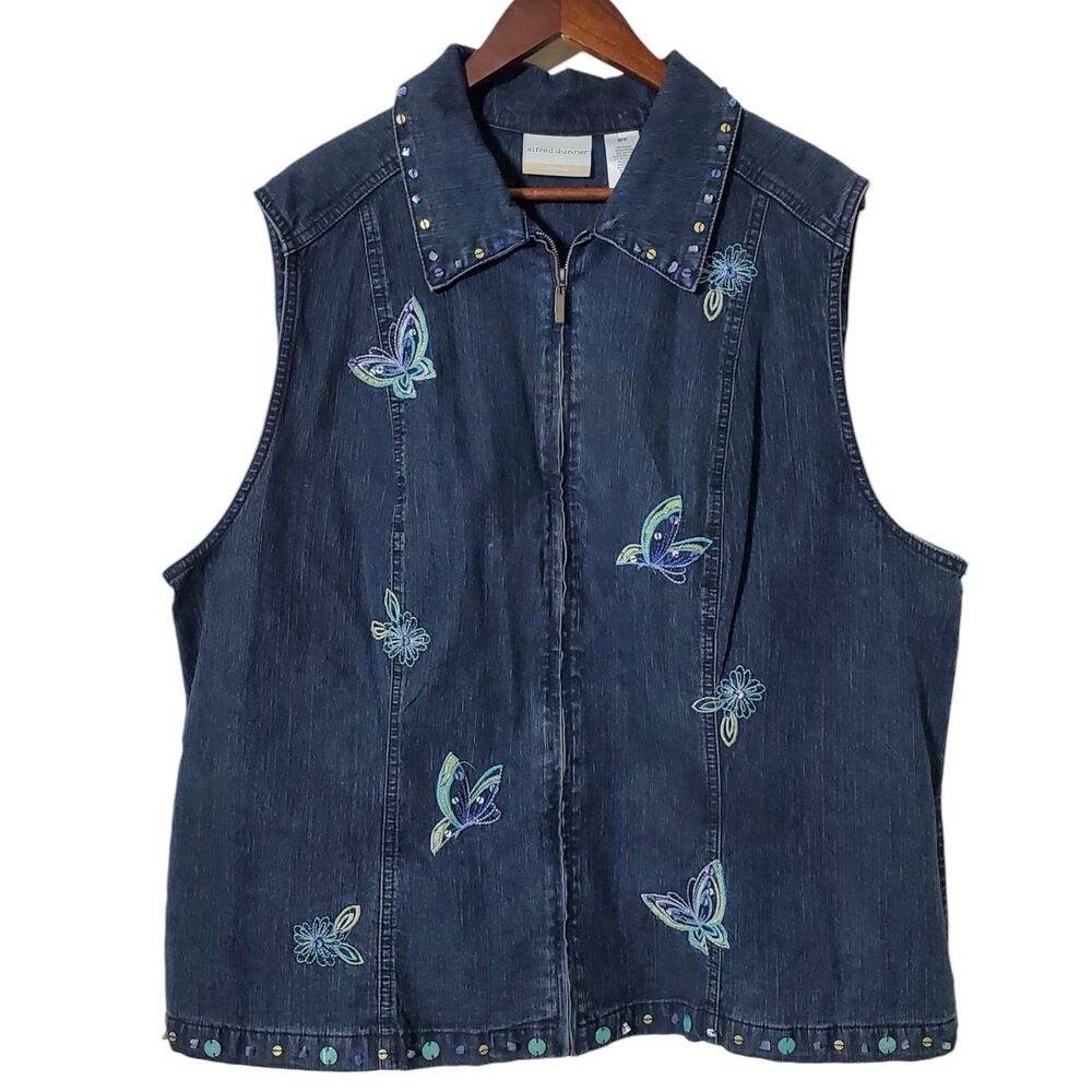 Y2K Denim Vest Size 20W Embroidered Butterfly Embellished Full Zip Womens